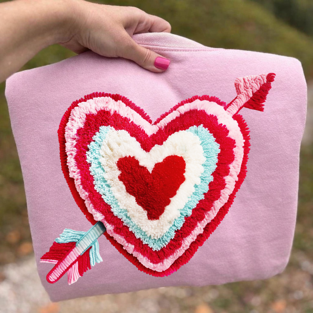 Fluffy faux yarn heart clear film screen print