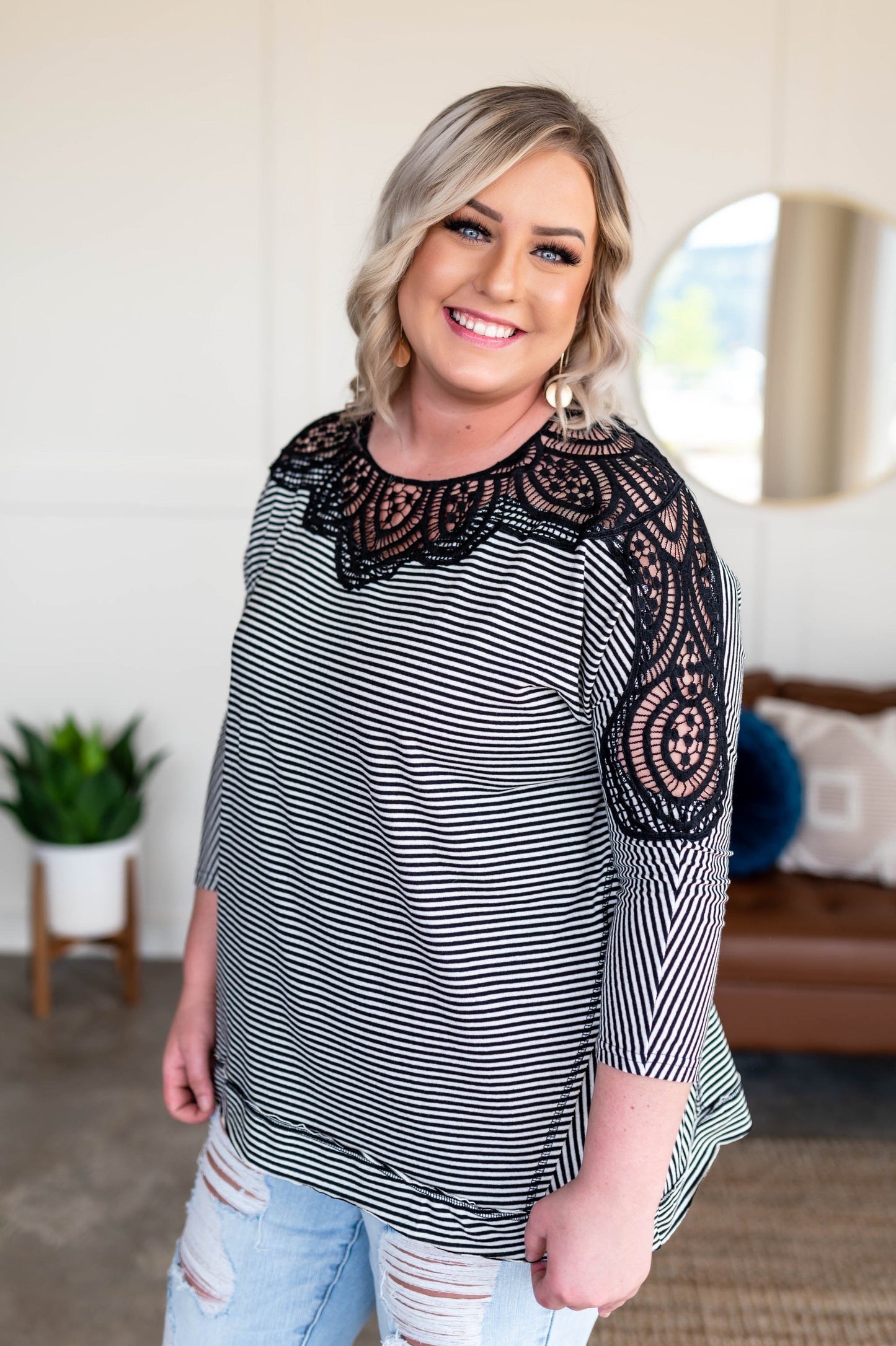 Chasing After You Lace Trim Top In Black & White