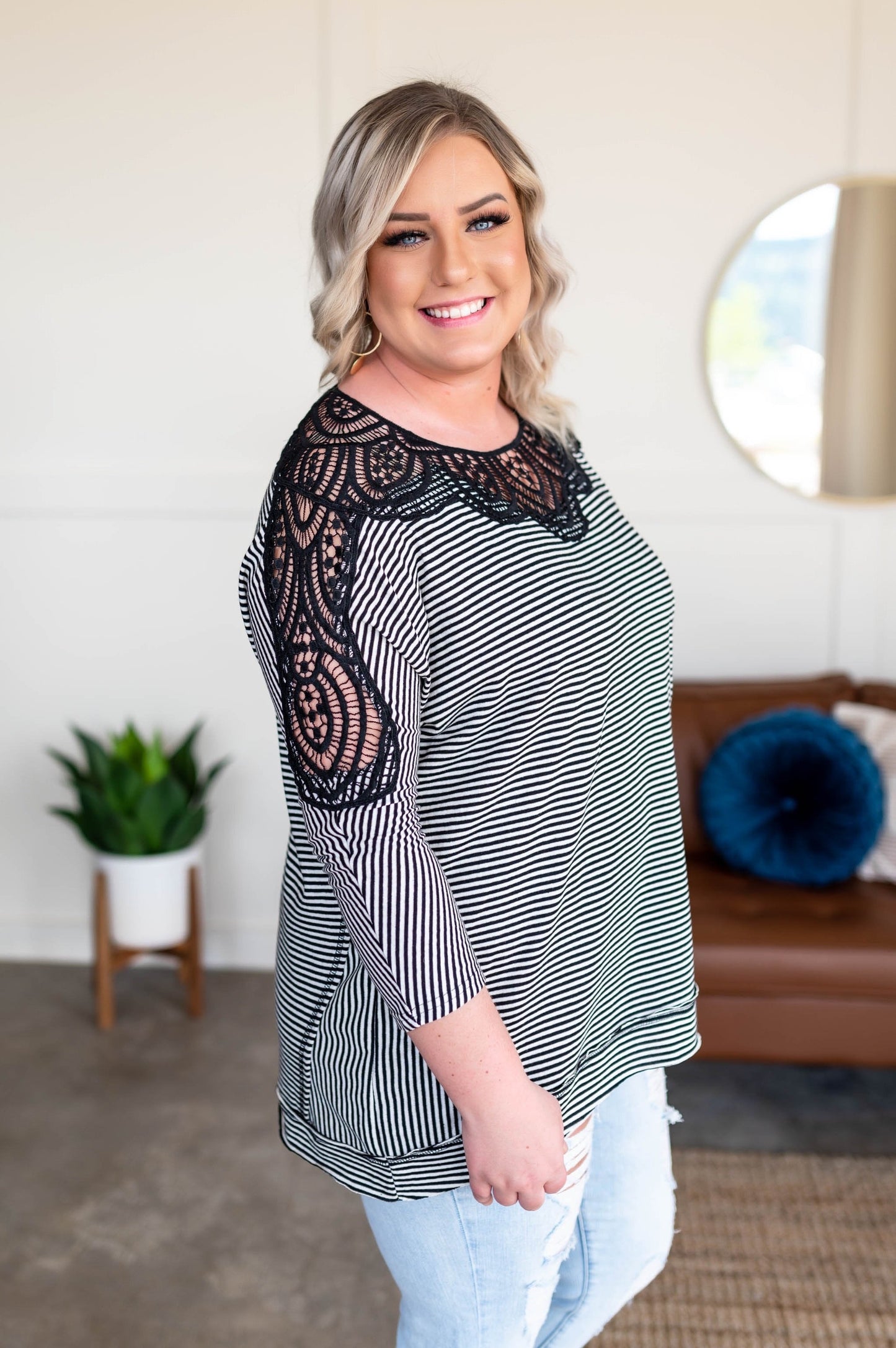 Chasing After You Lace Trim Top In Black & White