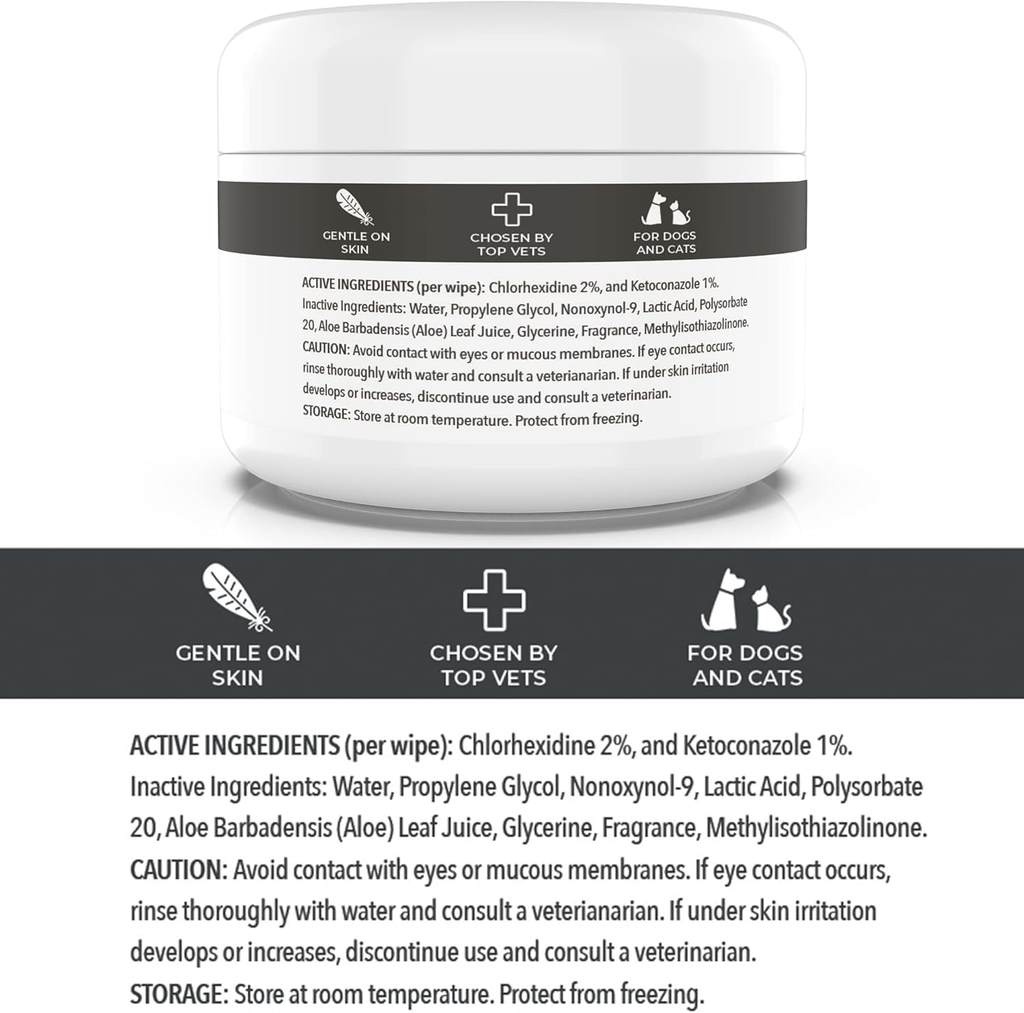 Dog Medicated Wipes Chlorhexidine Ketoconazole Antibacterial Antifungal