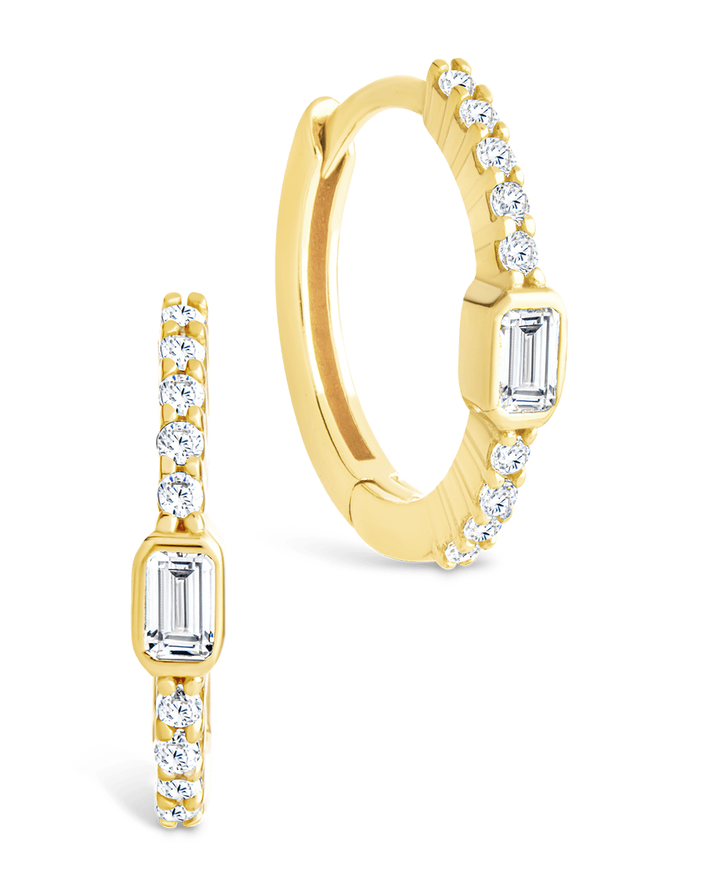 Sterling Silver Emerald Cut Bezel Set Huggie Hoop Earrings