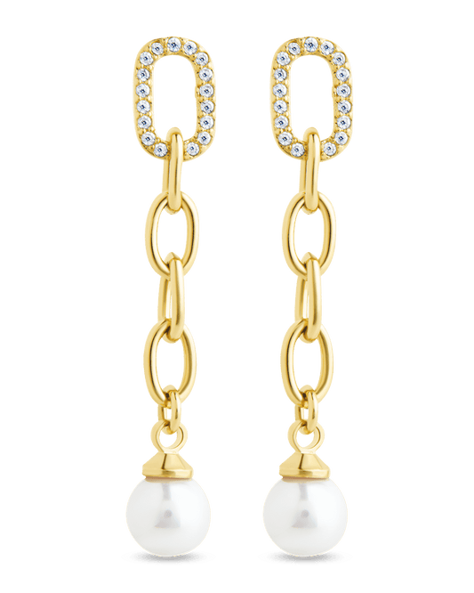 Daphne CZ & Pearl Chain Drop Stud Earrings