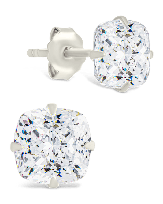 Sterling Silver Cushion Cut Prong Set Stud Earrings