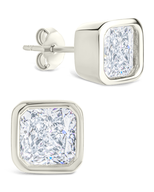 Sterling Silver Radiant Cut Bezel Set Stud Earrings