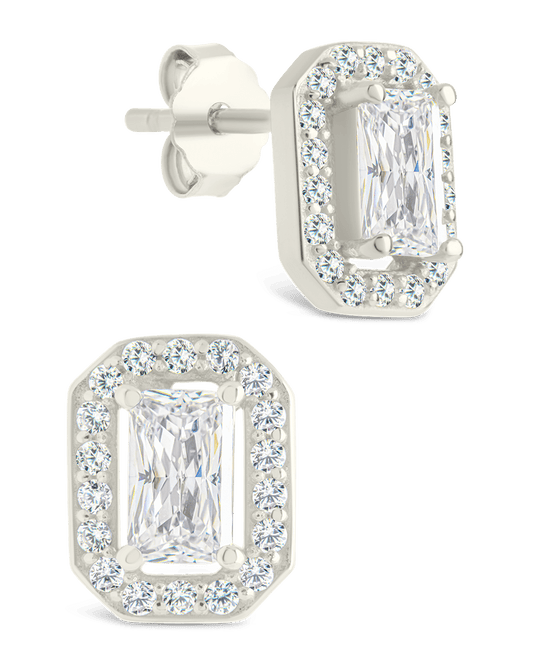 Sterling Silver Emerald Cut Brilliant Halo Studs