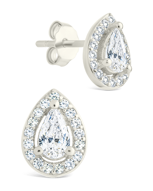Sterling Silver Pear Cut Brilliant Halo Studs