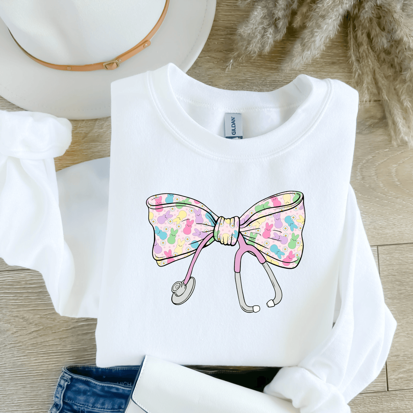 Peeps Bunny Easter Stethoscope Bow Graphic T-Shirt or Crewneck Sweatshirt