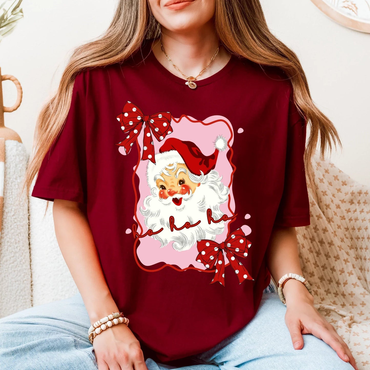 Retro Santa T-Shirt | Pink & Red Girlie Christmas Tee with Cute Santa and Bows | Ho Ho Ho Holiday Shirt