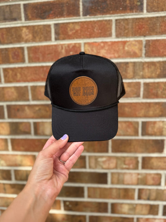 Dad Bods Get Nods Leather Patch Hat – Funny Trucker Hat for Men – Foam Otto or Two-Tone Twill Hat – Grillin’ & Chillin’ Dad Gift