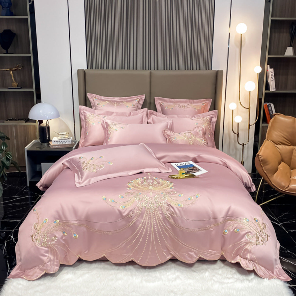 Gold Peacock Feather Embroidery Egyptian Cotton Bedding Set | 3CARATS