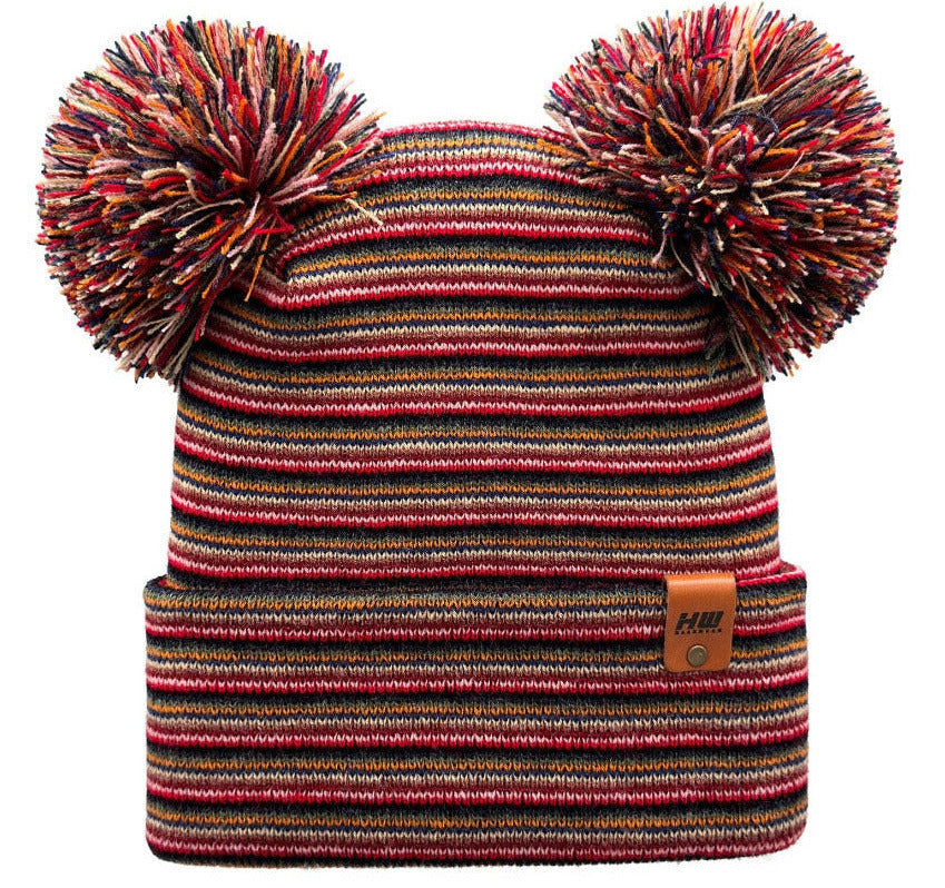Double Pom Pom, H Stitch Beanie, Multi Color Hat