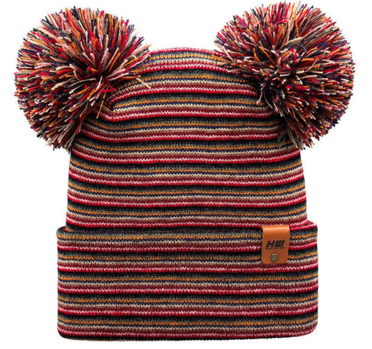 Double Pom Pom, H Stitch Beanie, Multi Color Hat