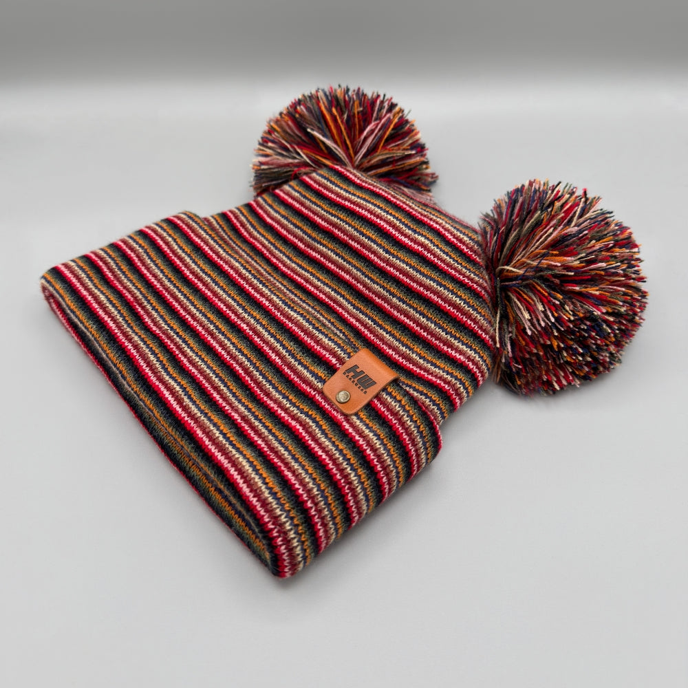 Double Pom Pom, H Stitch Beanie, Multi Color Hat