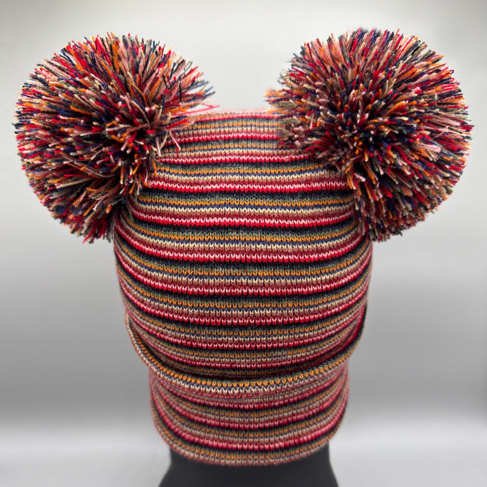 Double Pom Pom, H Stitch Beanie, Multi Color Hat