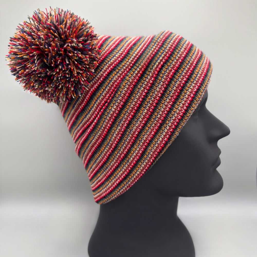 Double Pom Pom, H Stitch Beanie, Multi Color Hat