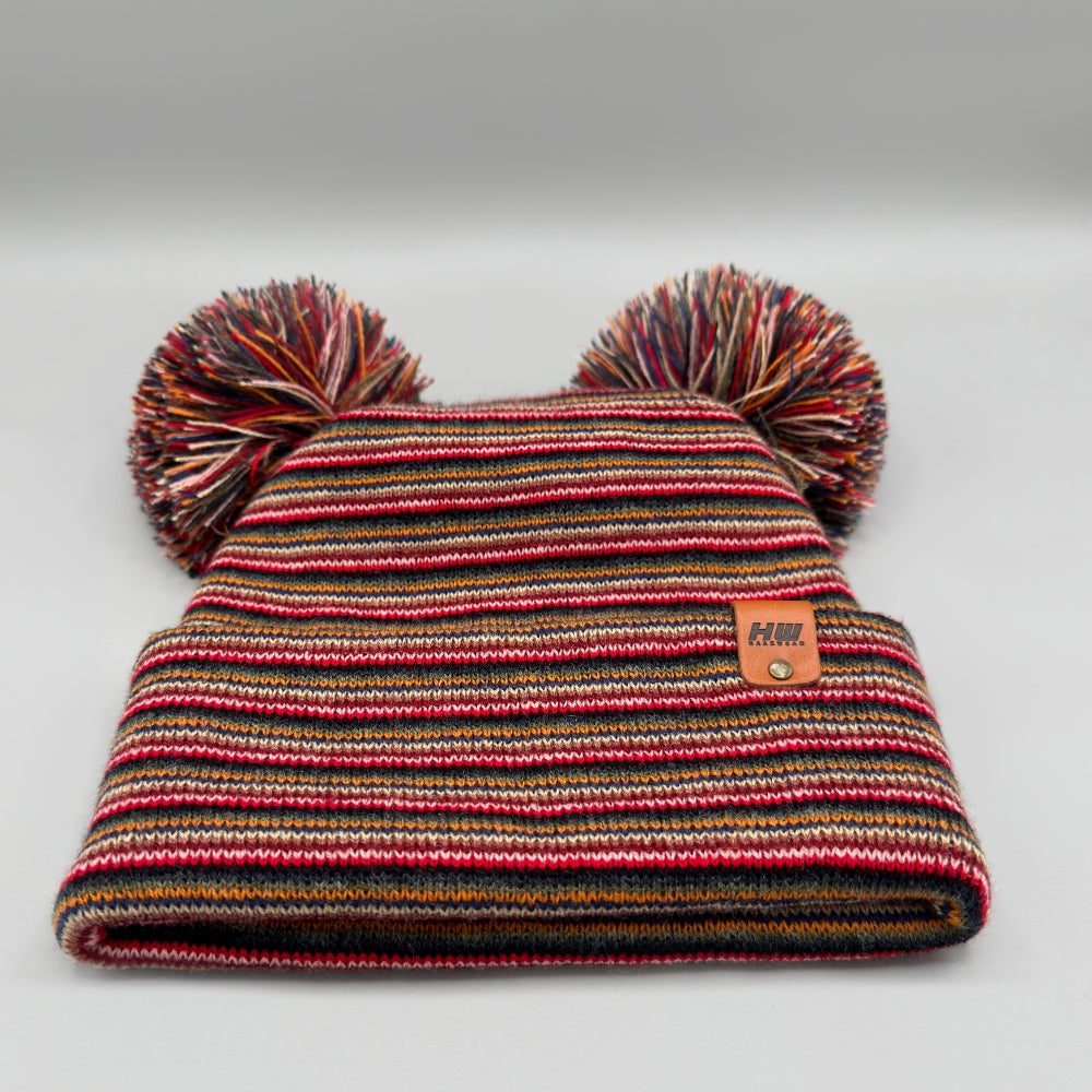 Double Pom Pom, H Stitch Beanie, Multi Color Hat
