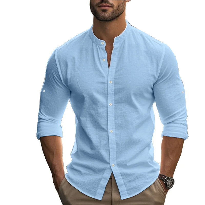 Summer Men's Beaded Loose Casual Linen Breathable Hawaiian Simple Long Sleeve Shirt Beach Shorts Set
