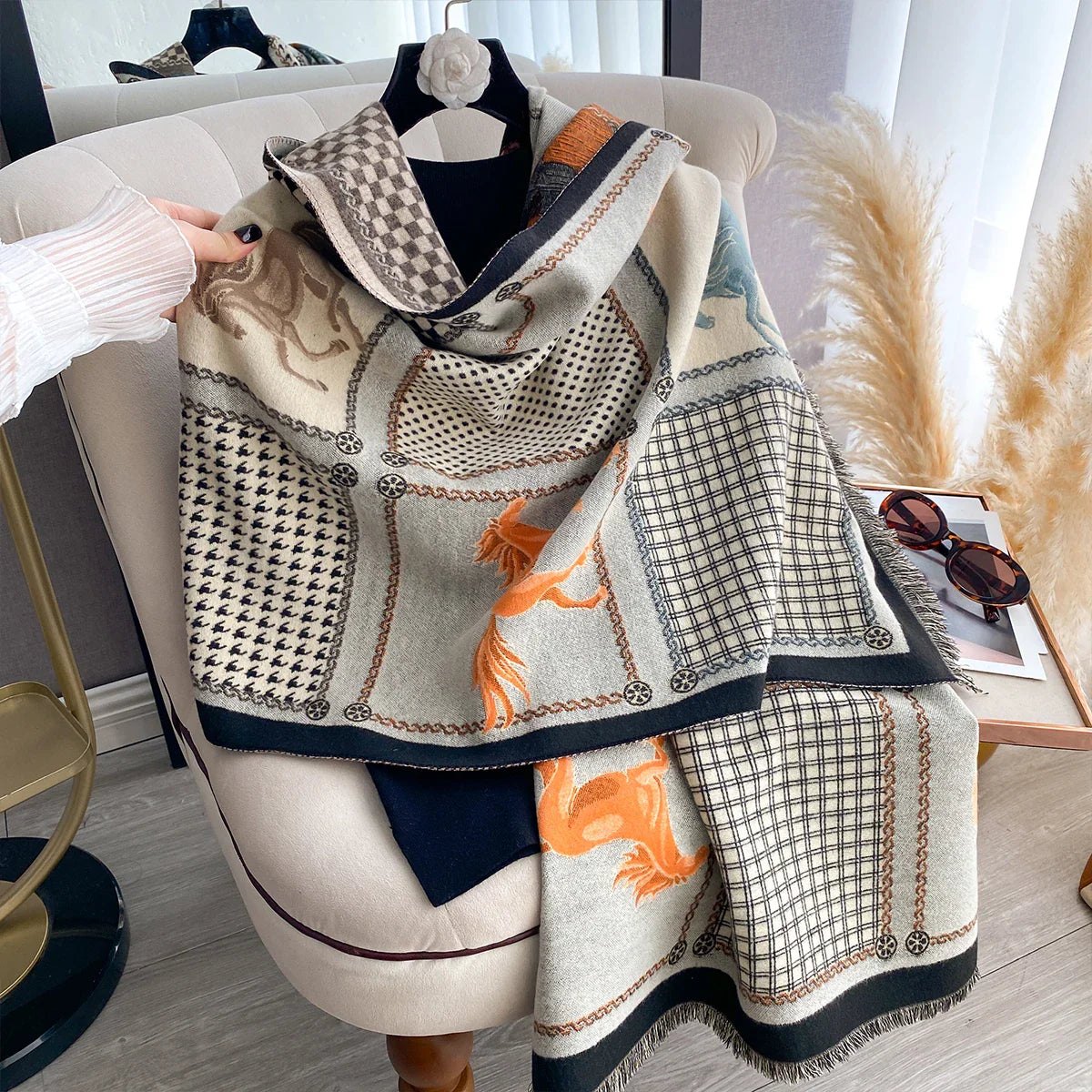 Women's Fashion Multi-Pattern Printed Scarf with Houndstooth Chain Accents and Animal Print Modern Shawl Wholesale