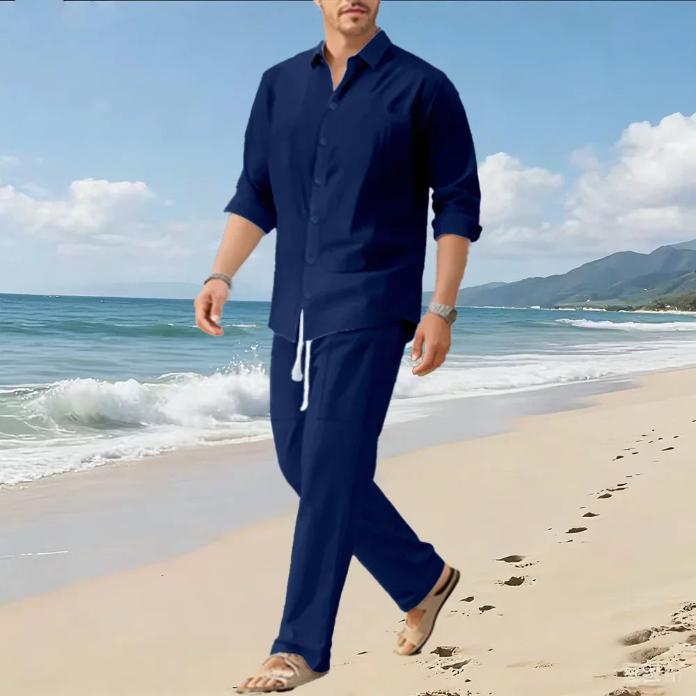 Spring/Summer New Men's Loose Comfortable Long-Sleeved Shirt and Pants Two-Piece Set