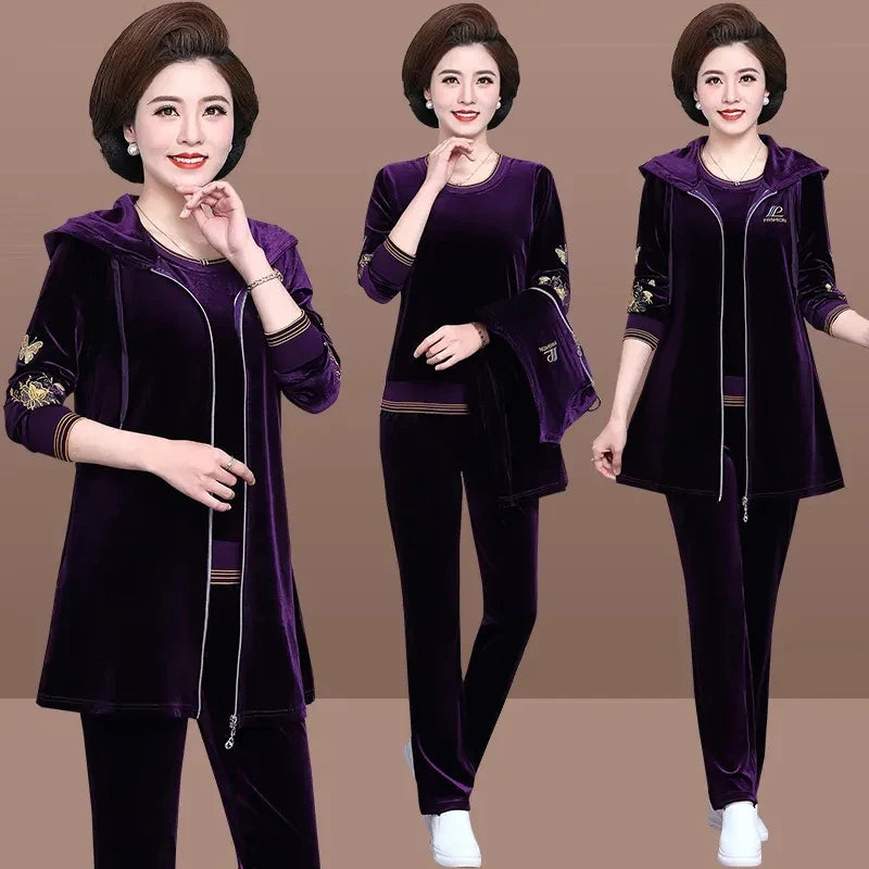 Women Velvet Tracksuit Embroidered Plus Size 3 Piece Outfit