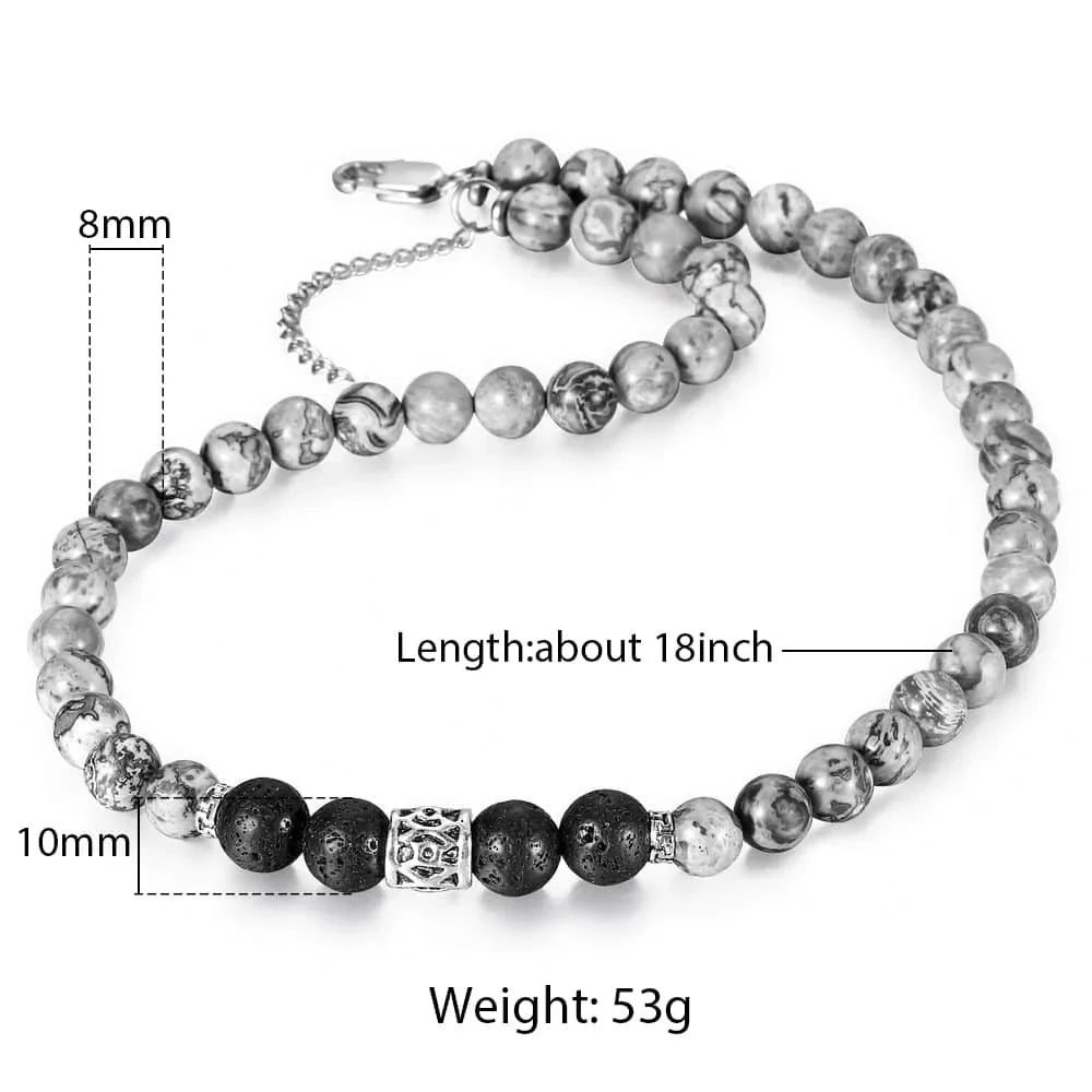 Natural Stone Tiger Eyes Lava Bead Men's Necklace Stainless Steel Beaded 8mm 18/20inch