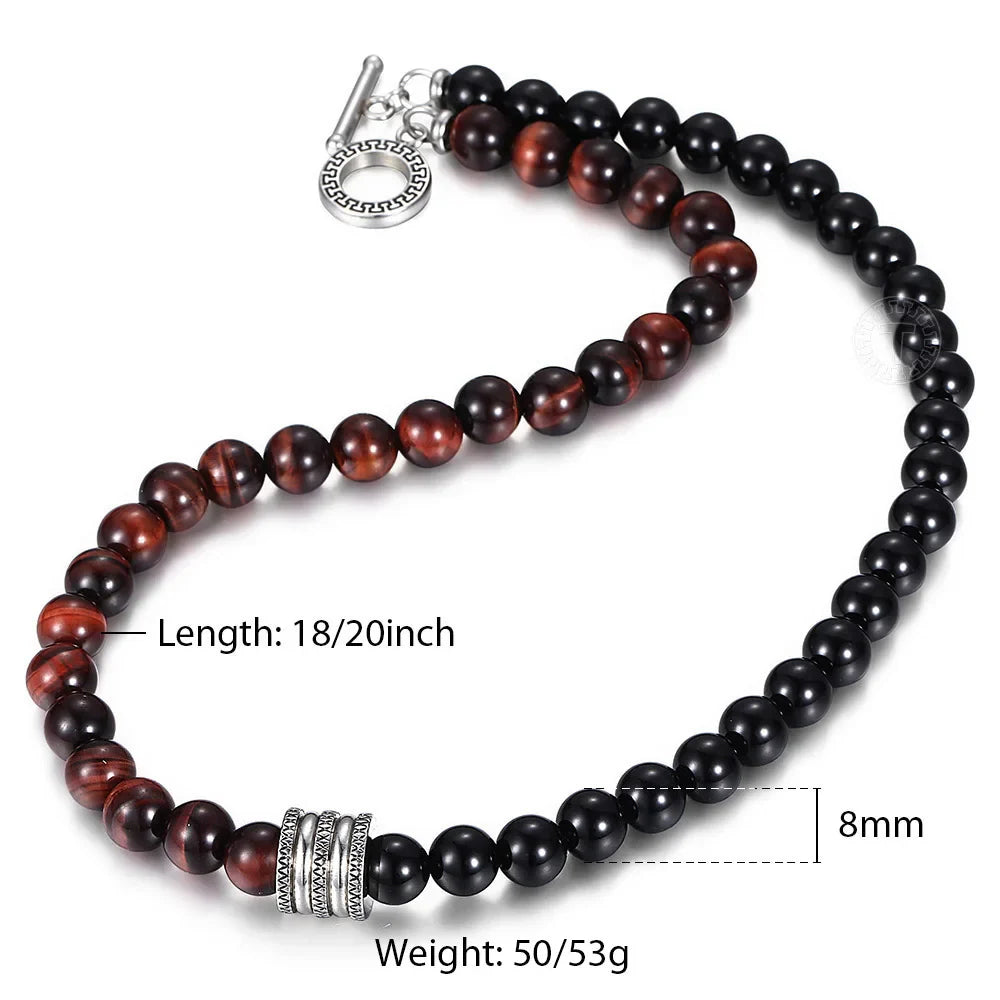 Natural Stone Tiger Eyes Lava Bead Men's Necklace Stainless Steel Beaded 8mm 18/20inch