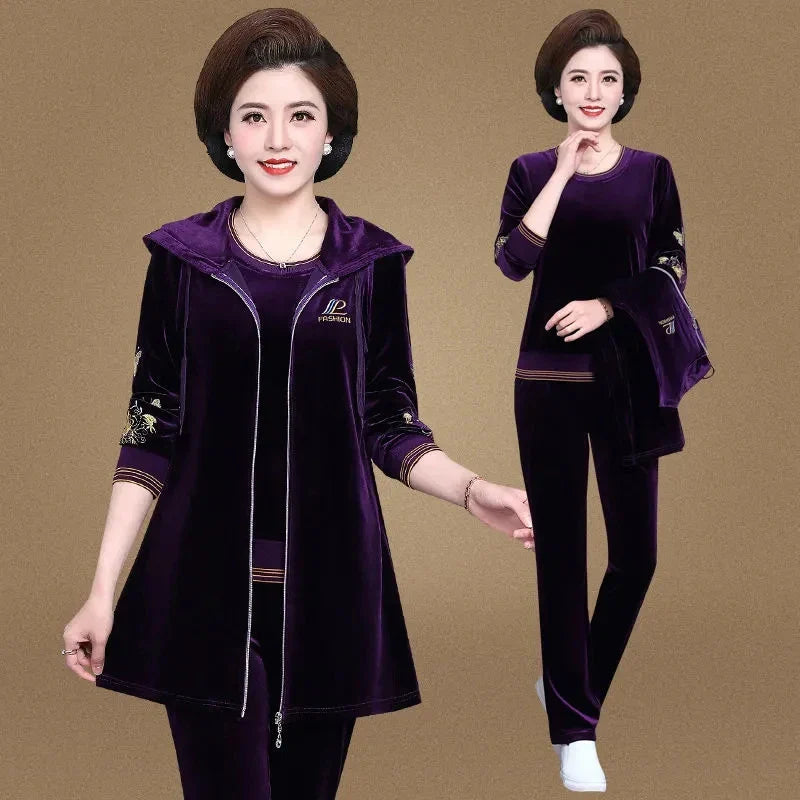 Women Velvet Tracksuit Embroidered Plus Size 3 Piece Outfit