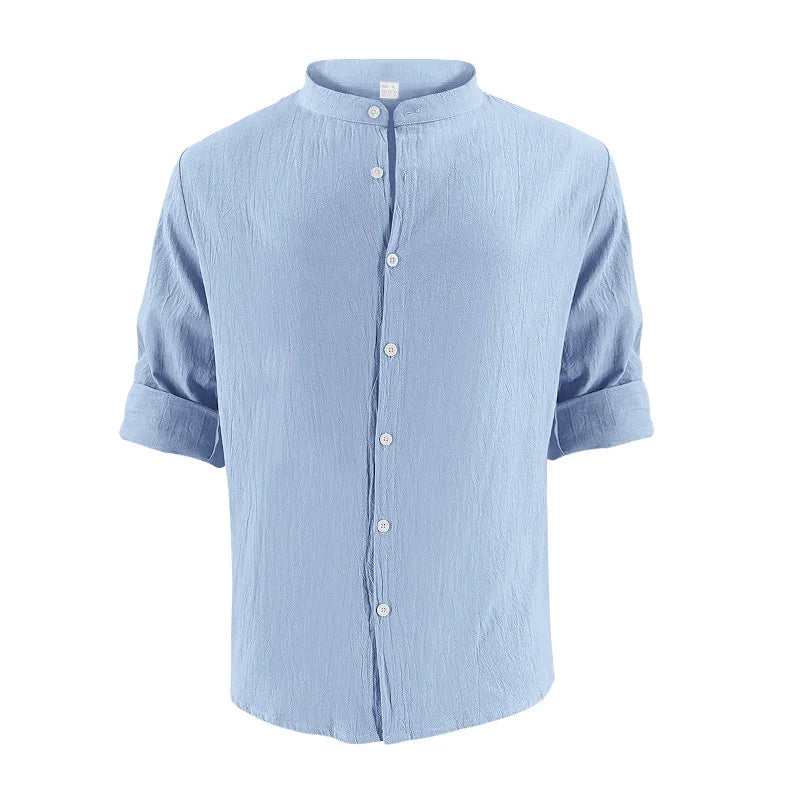 Summer Men's Beaded Loose Casual Linen Breathable Hawaiian Simple Long Sleeve Shirt Beach Shorts Set