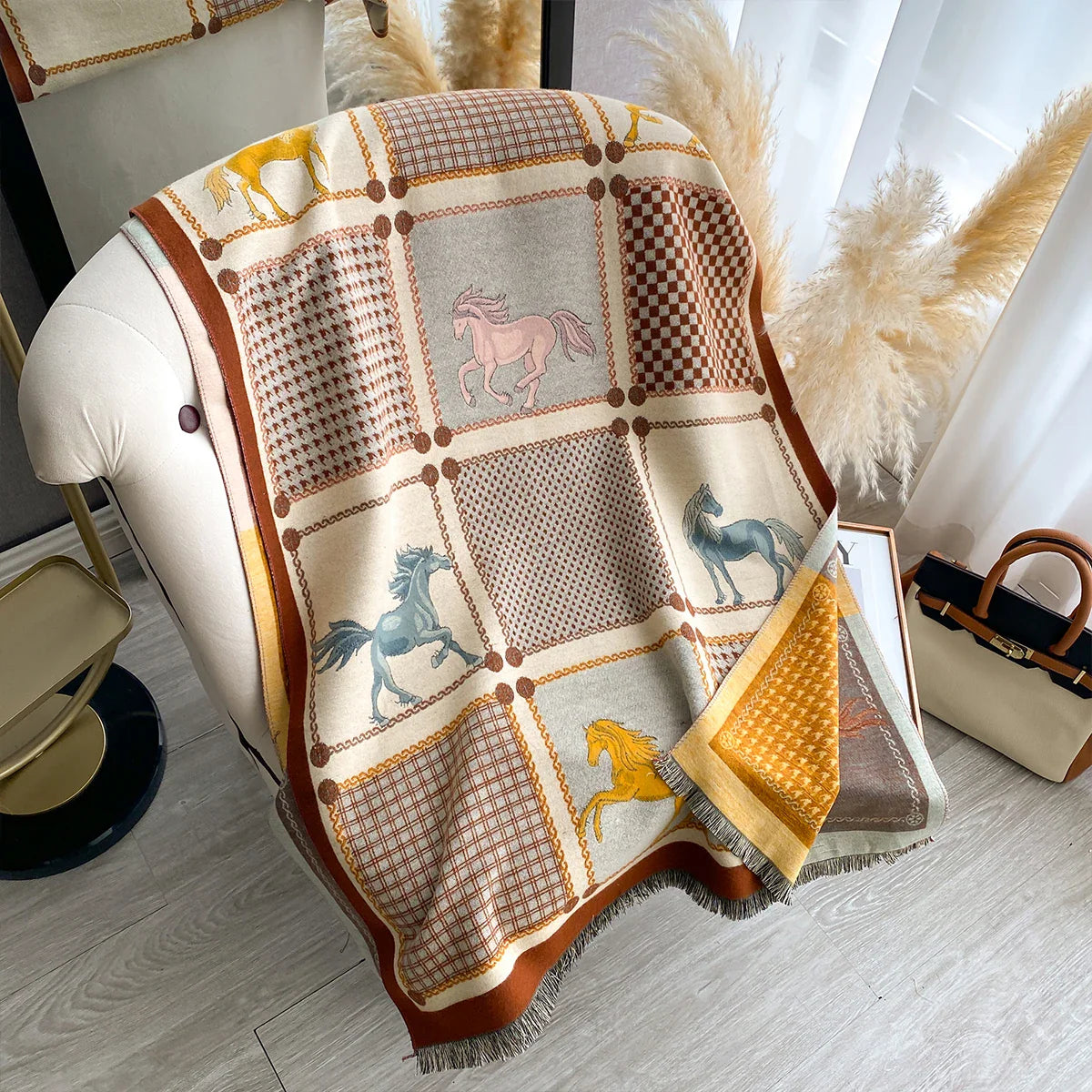 Women's Fashion Multi-Pattern Printed Scarf with Houndstooth Chain Accents and Animal Print Modern Shawl Wholesale