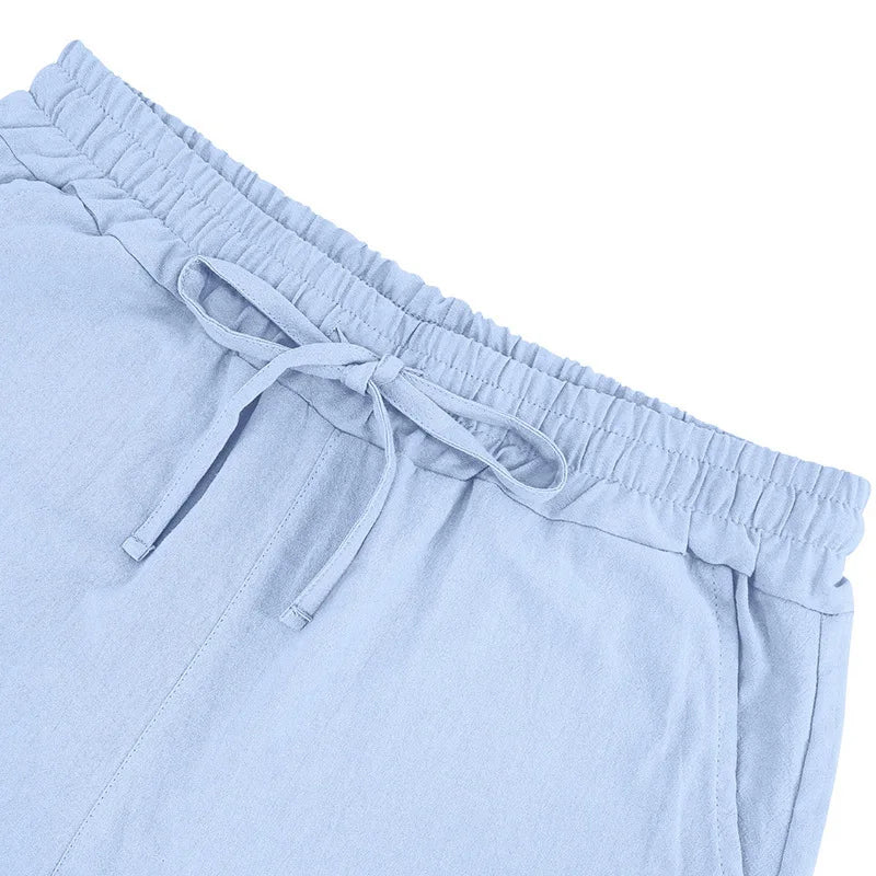 Summer Men's Beaded Loose Casual Linen Breathable Hawaiian Simple Long Sleeve Shirt Beach Shorts Set