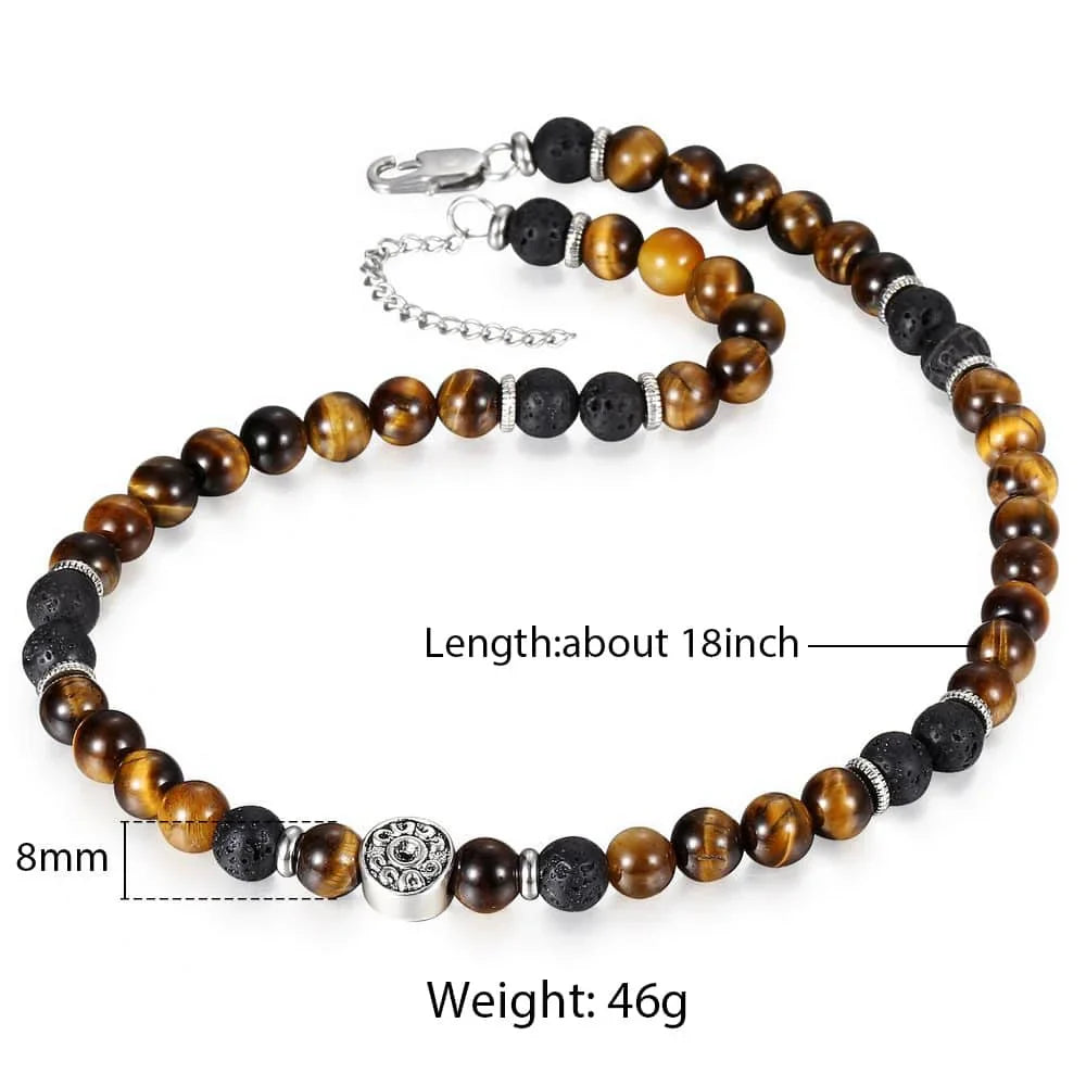 Natural Stone Tiger Eyes Lava Bead Men's Necklace Stainless Steel Beaded 8mm 18/20inch