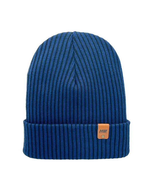 Cuffed Wide Ribbed Striped Beanie, Contrast, Black and Blue, Traditional Beanie