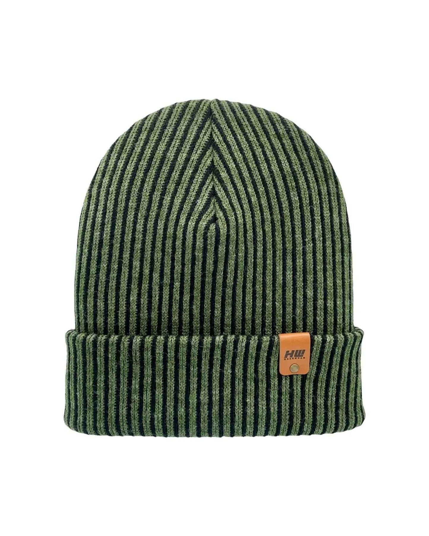 Cuffed Wide Ribbed Striped Beanie, Contrast, Black and Green, Traditional Beanie