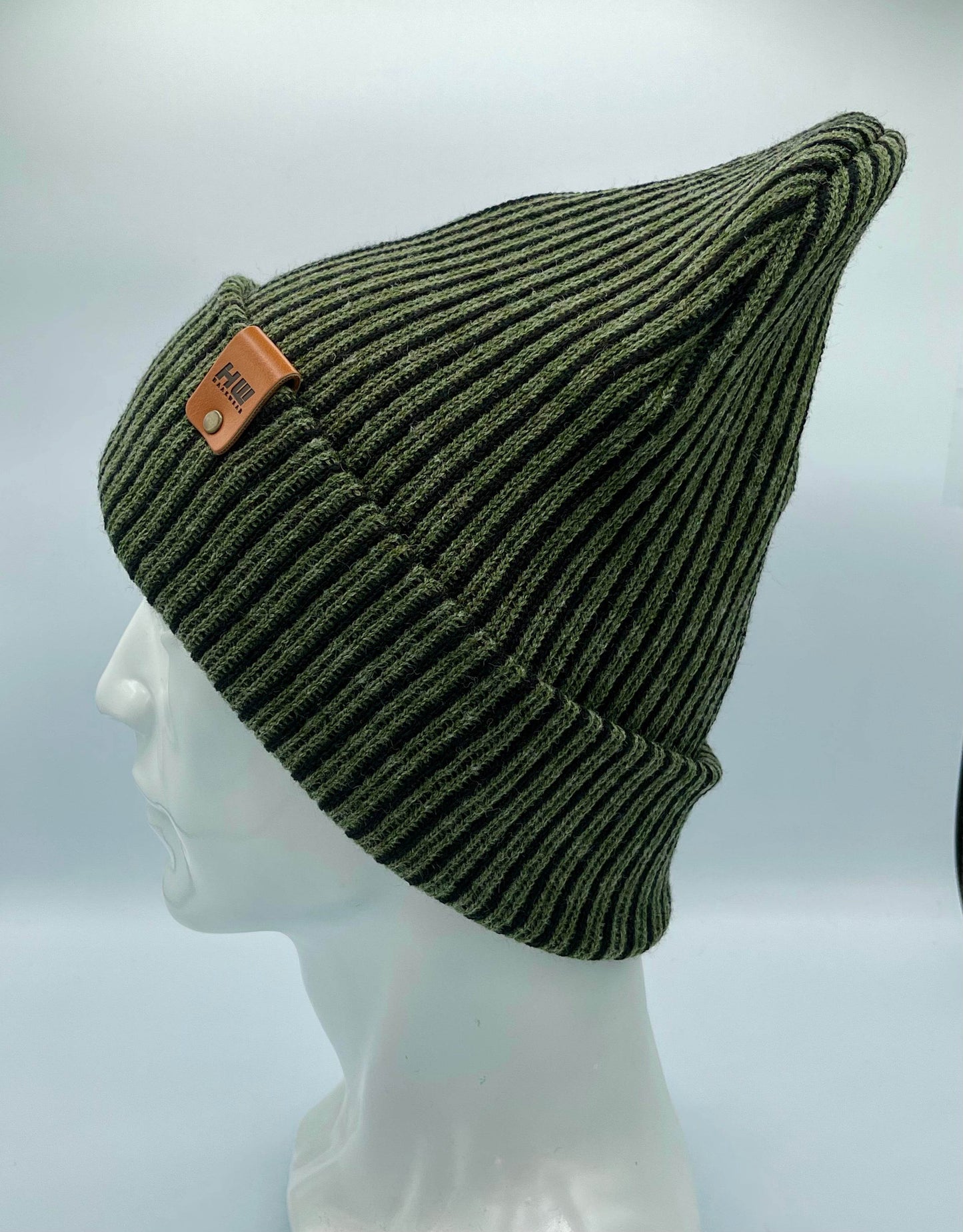 Cuffed Wide Ribbed Striped Beanie, Contrast, Black and Green, Traditional Beanie
