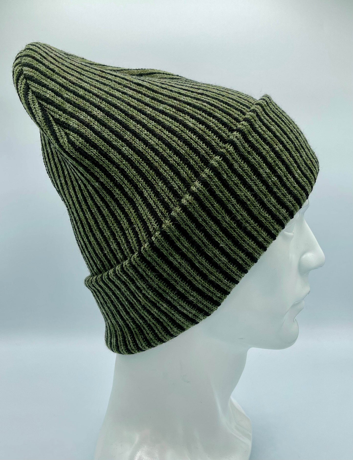 Cuffed Wide Ribbed Striped Beanie, Contrast, Black and Green, Traditional Beanie