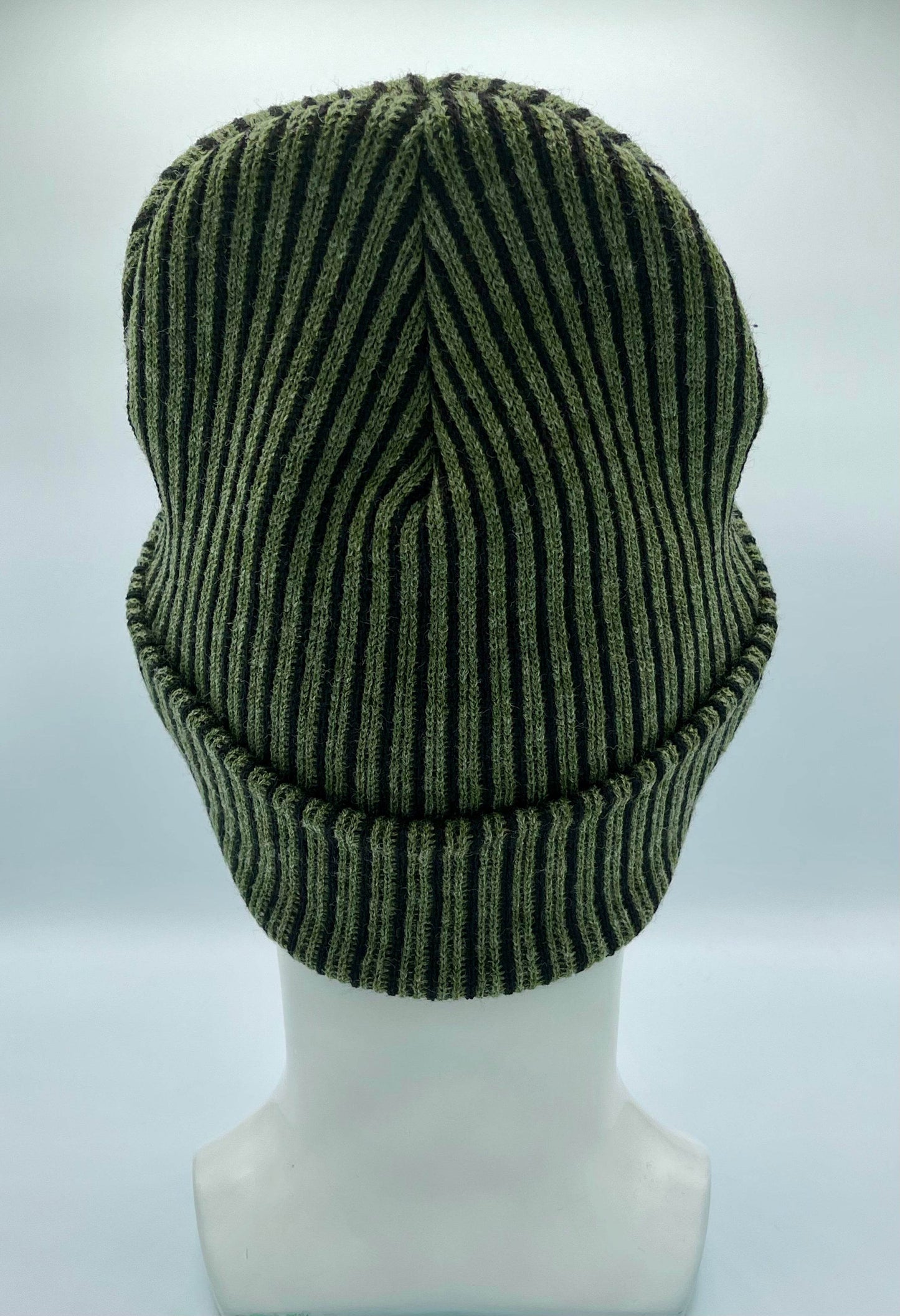 Cuffed Wide Ribbed Striped Beanie, Contrast, Black and Green, Traditional Beanie