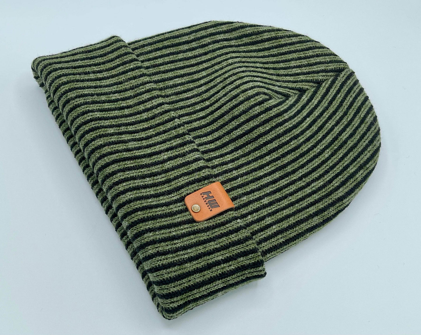 Cuffed Wide Ribbed Striped Beanie, Contrast, Black and Green, Traditional Beanie