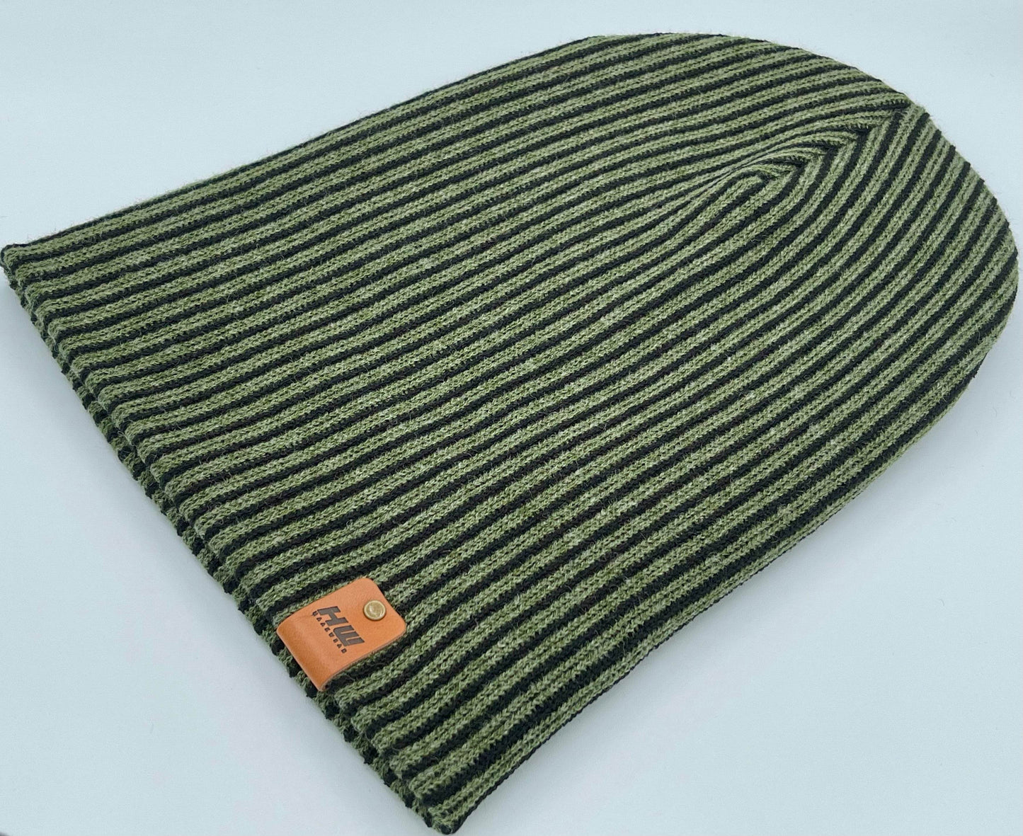 Cuffed Wide Ribbed Striped Beanie, Contrast, Black and Green, Traditional Beanie