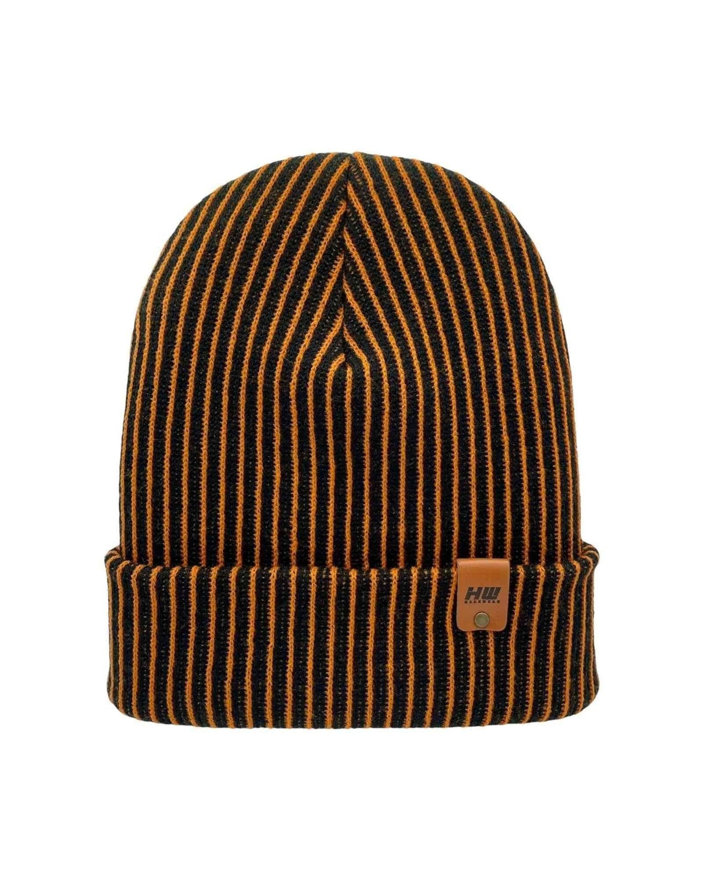 Cuffed Wide Ribbed Striped Beanie, Contrast, Black and Orange, Traditional Beanie