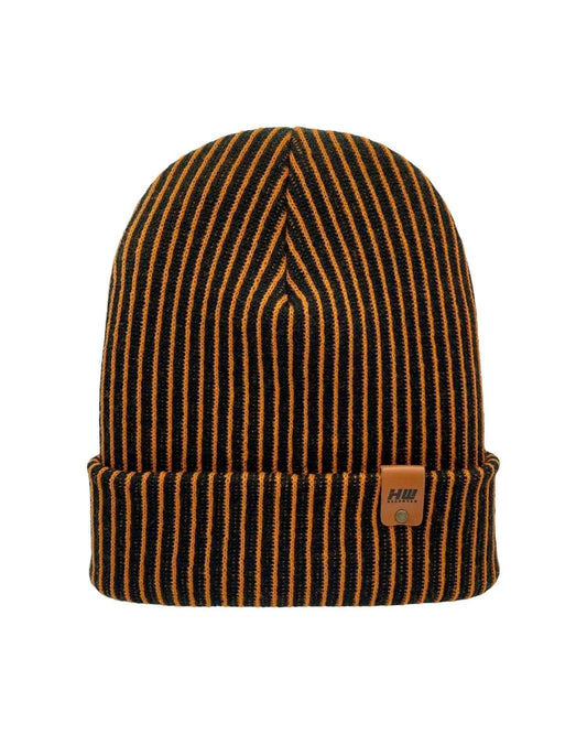 Cuffed Wide Ribbed Striped Beanie, Contrast, Black and Orange, Traditional Beanie