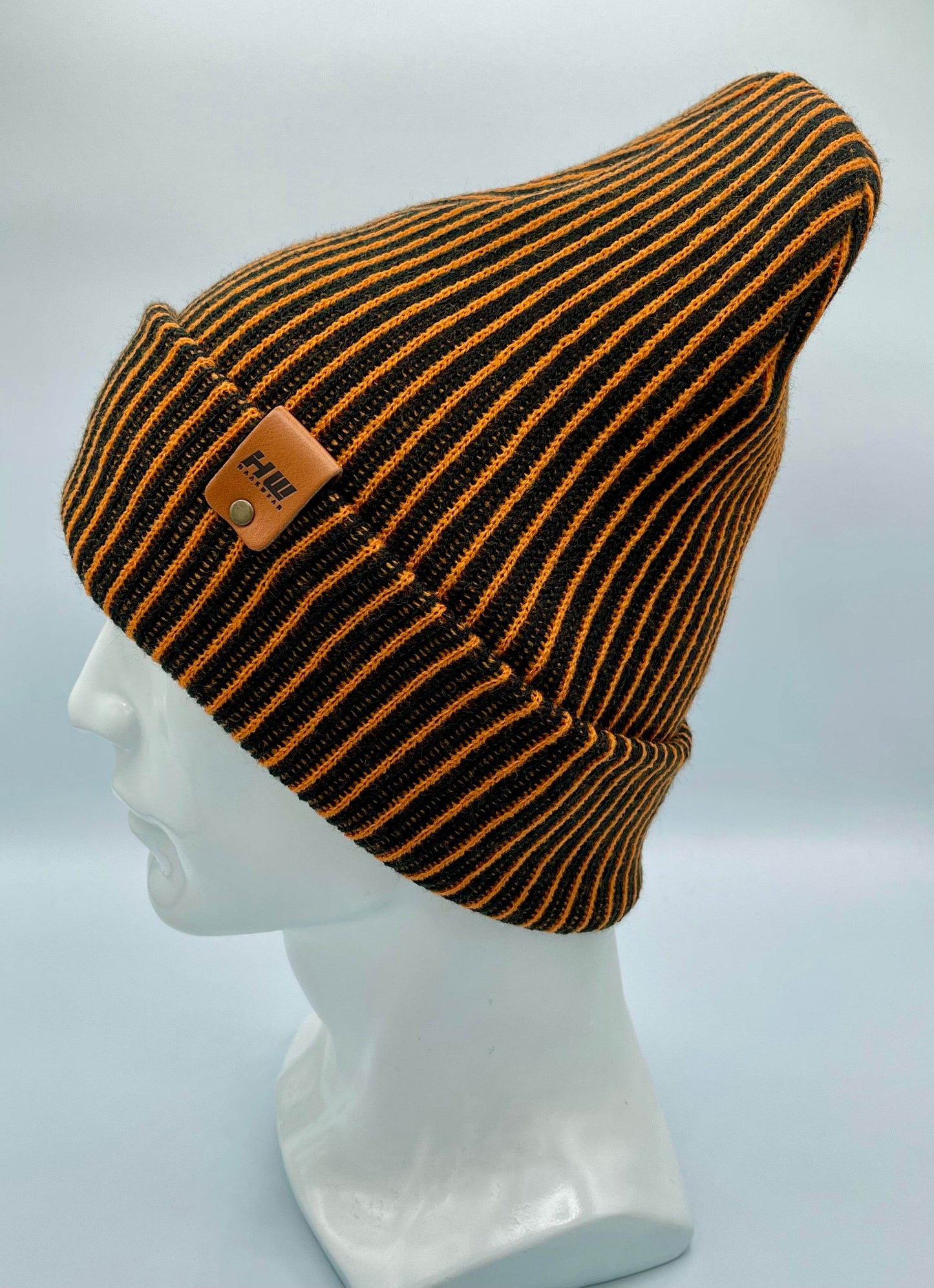 Cuffed Wide Ribbed Striped Beanie, Contrast, Black and Orange, Traditional Beanie