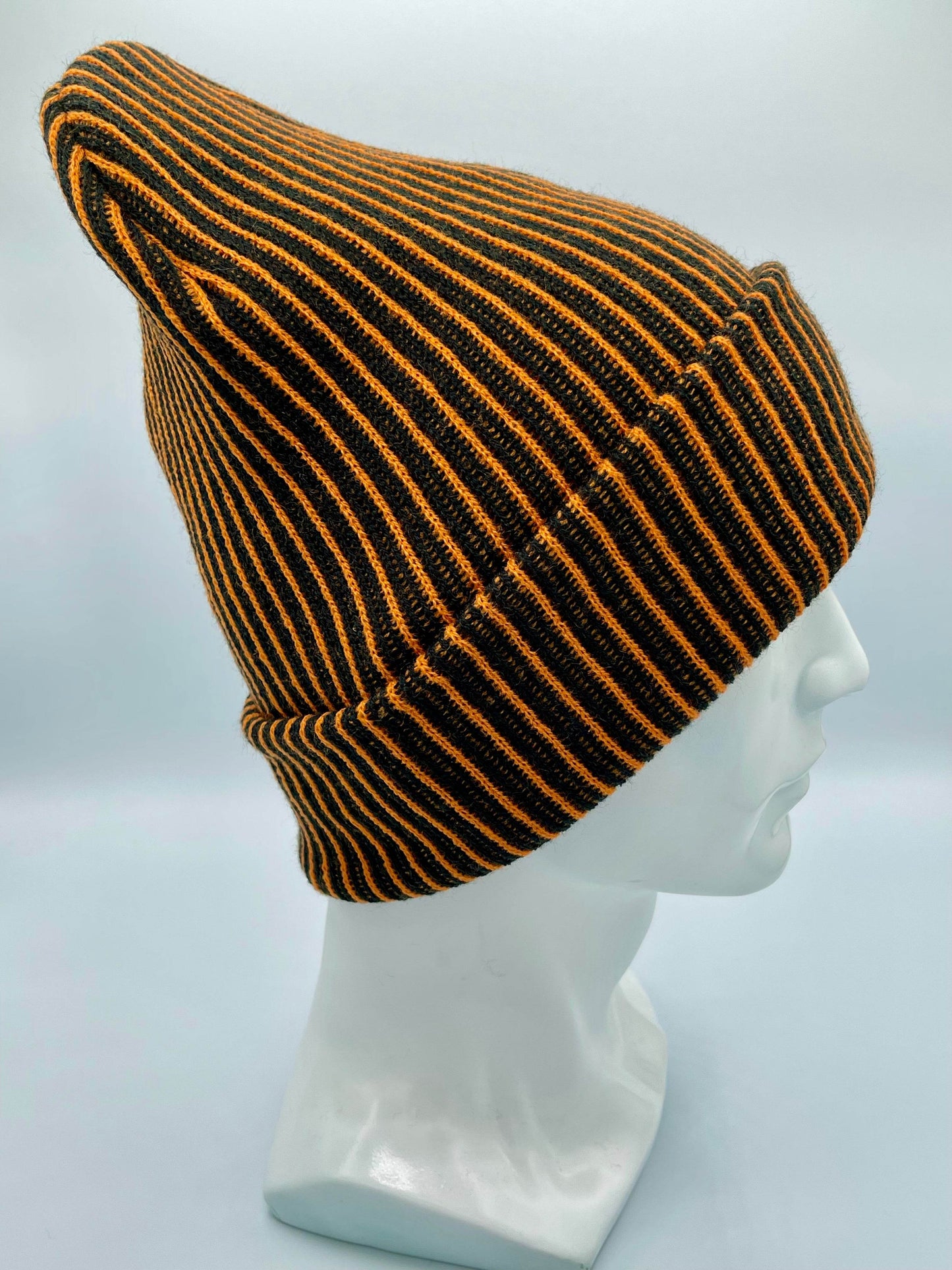 Cuffed Wide Ribbed Striped Beanie, Contrast, Black and Orange, Traditional Beanie