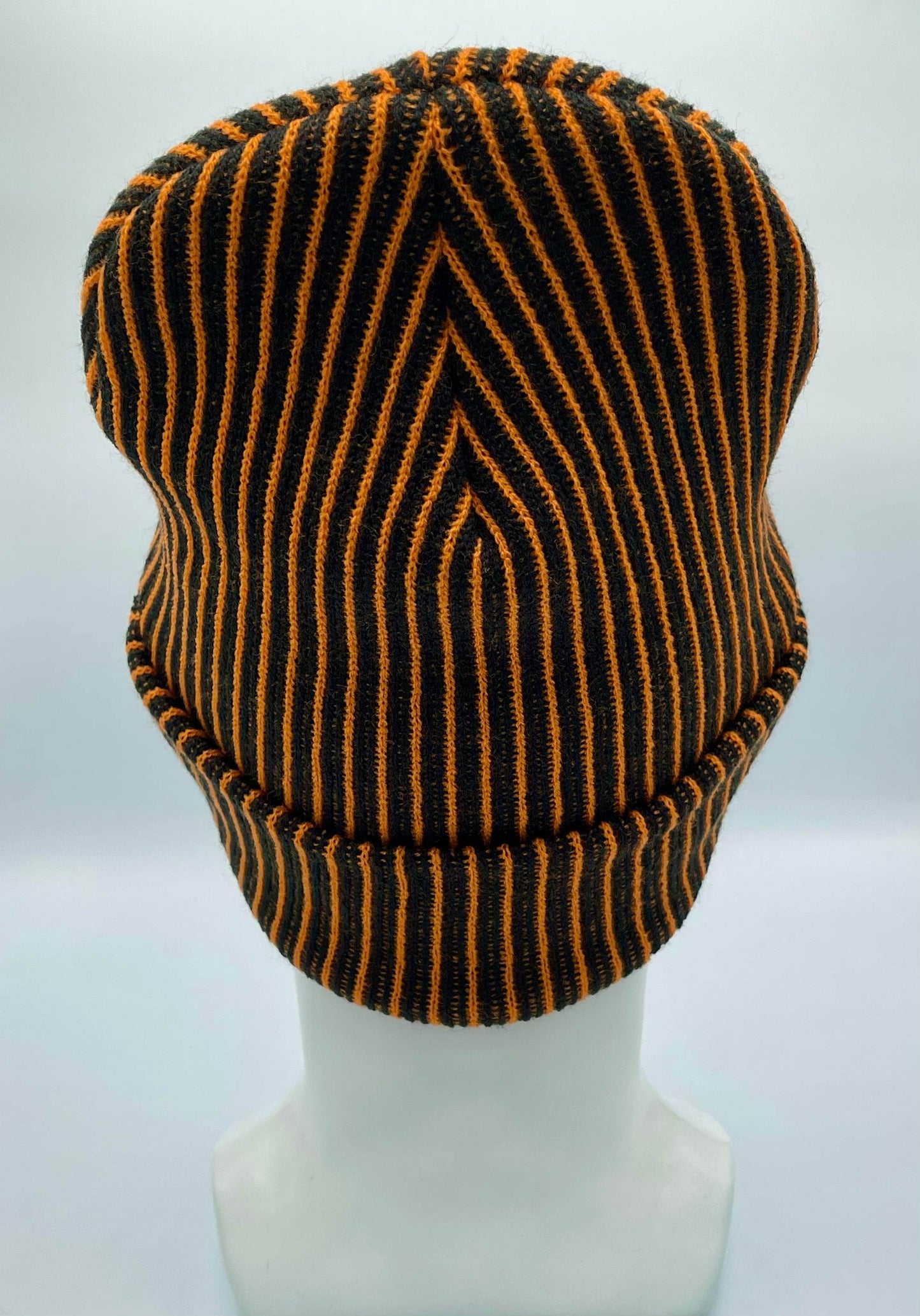 Cuffed Wide Ribbed Striped Beanie, Contrast, Black and Orange, Traditional Beanie