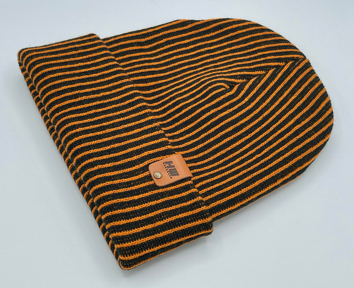 Cuffed Wide Ribbed Striped Beanie, Contrast, Black and Orange, Traditional Beanie