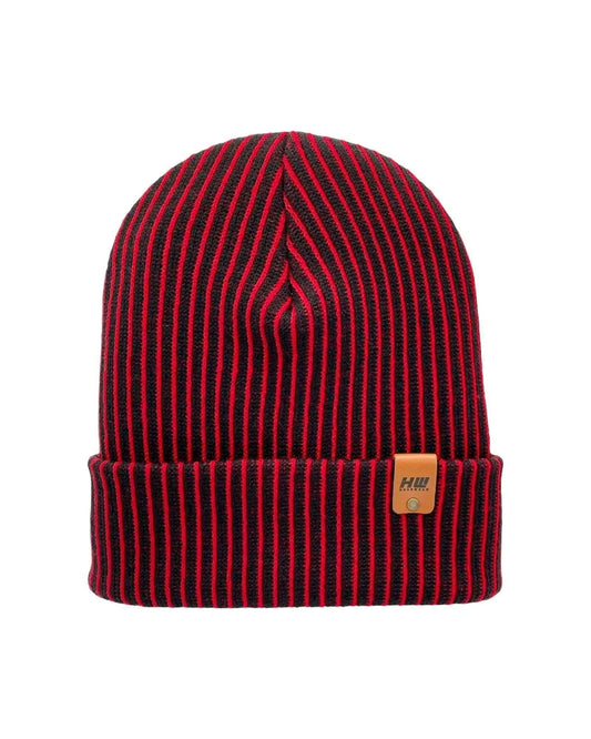 Cuffed Wide Ribbed Striped Beanie, Contrast, Black and Red, Traditional Beanie