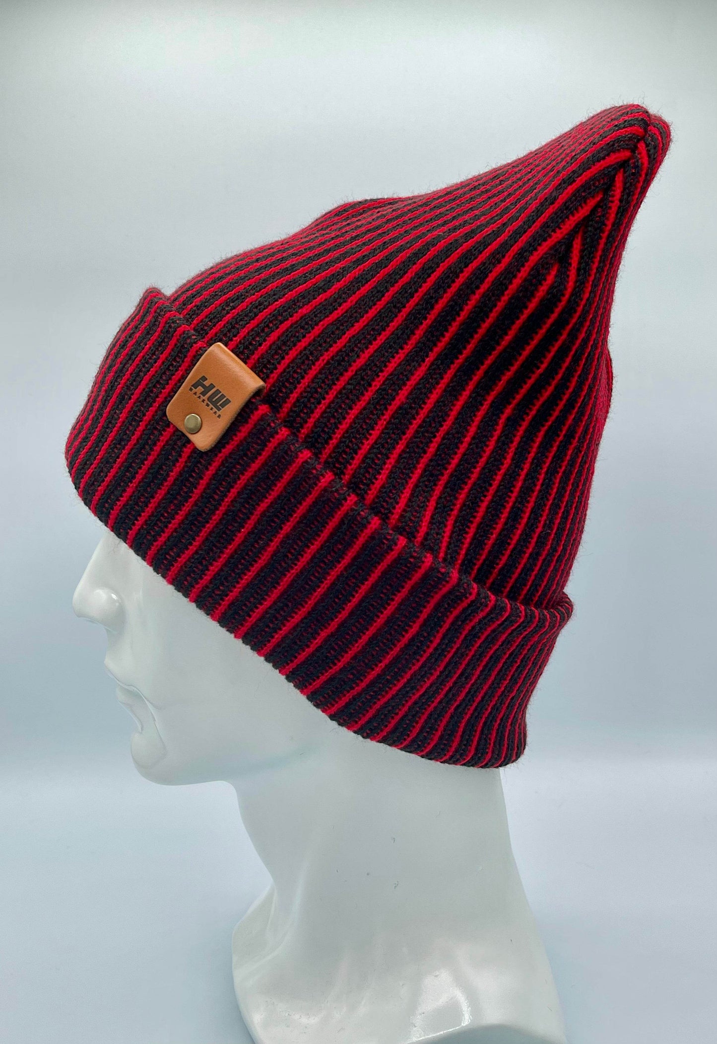Cuffed Wide Ribbed Striped Beanie, Contrast, Black and Red, Traditional Beanie