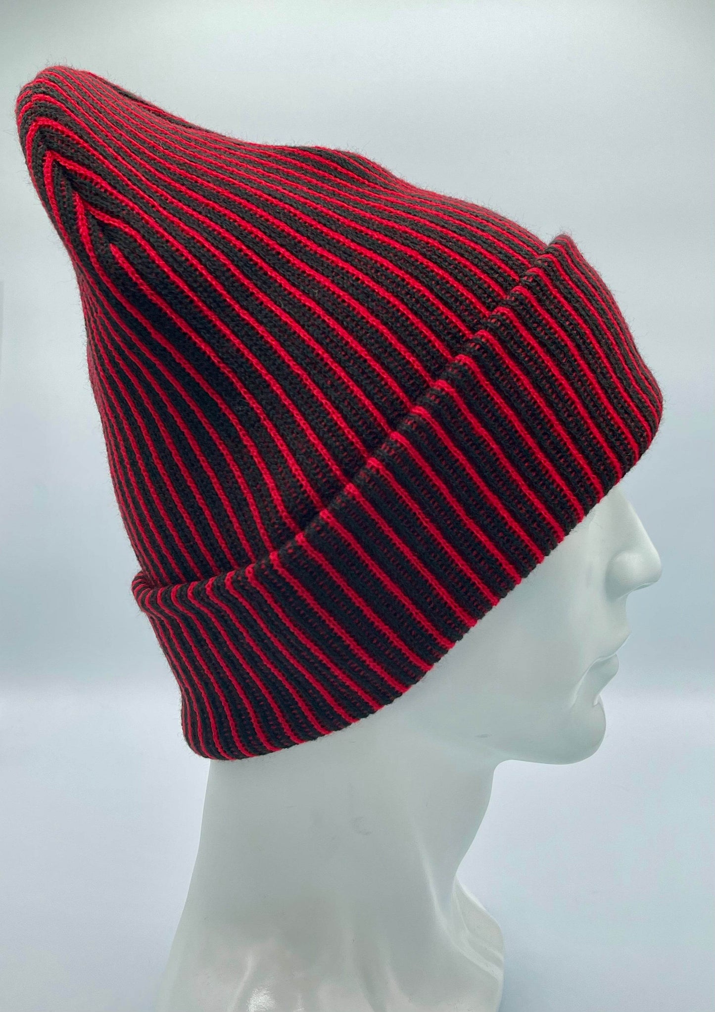Cuffed Wide Ribbed Striped Beanie, Contrast, Black and Red, Traditional Beanie