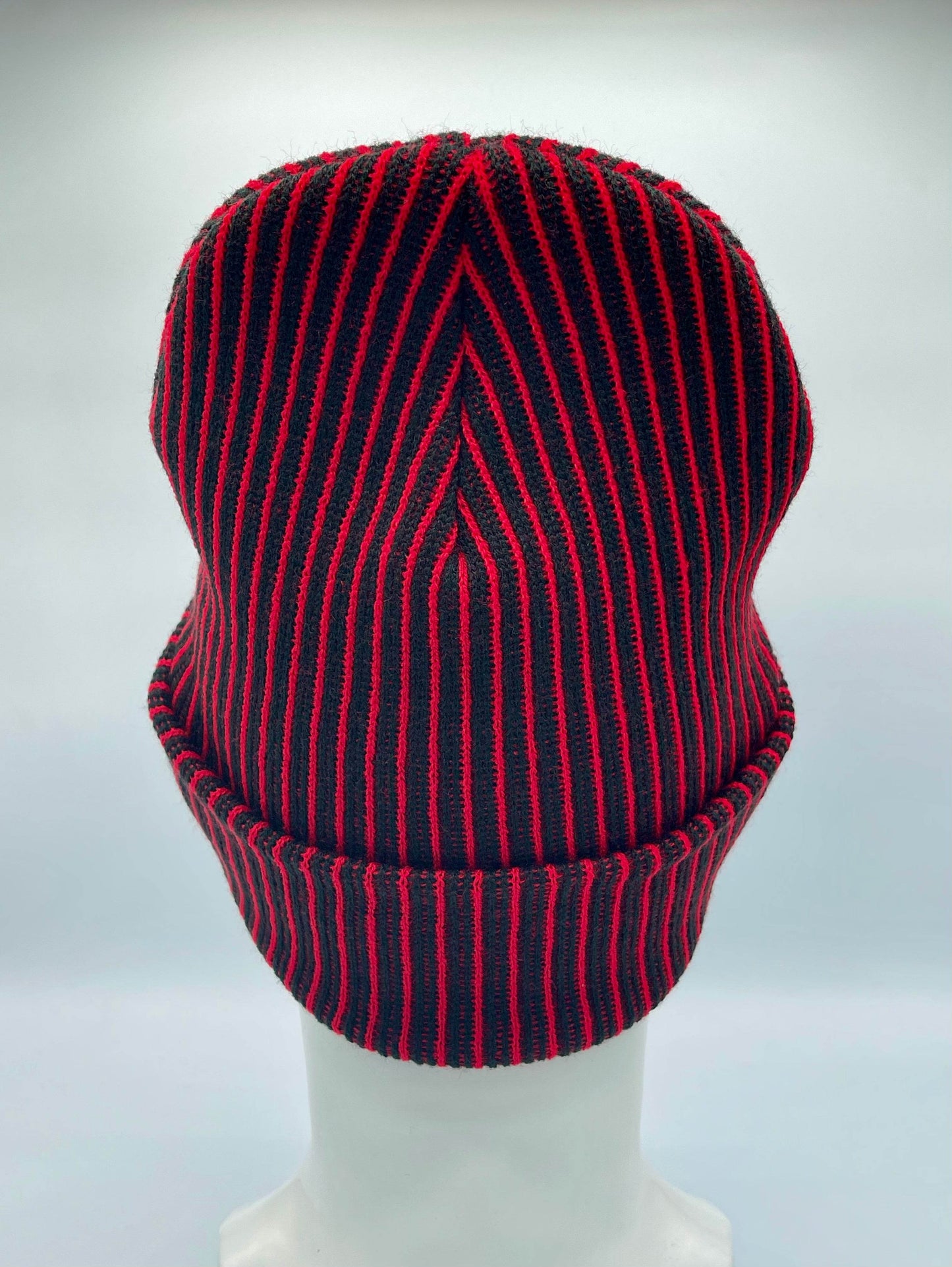 Cuffed Wide Ribbed Striped Beanie, Contrast, Black and Red, Traditional Beanie