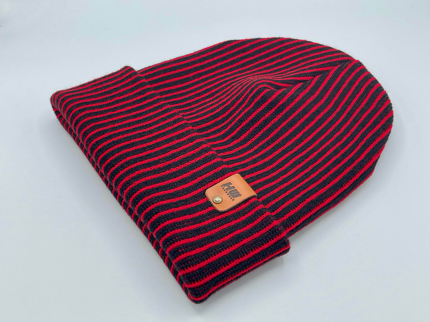 Cuffed Wide Ribbed Striped Beanie, Contrast, Black and Red, Traditional Beanie