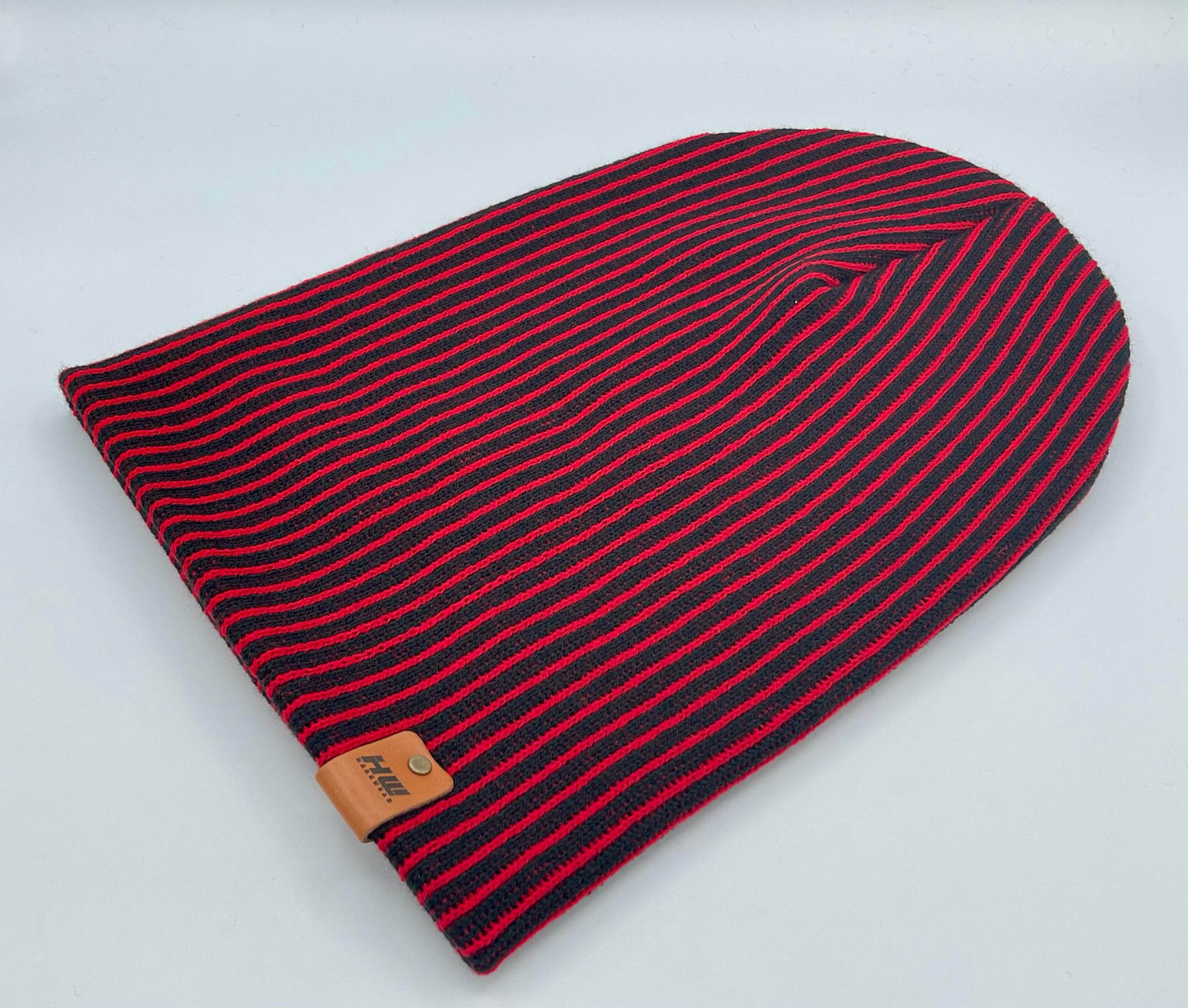 Cuffed Wide Ribbed Striped Beanie, Contrast, Black and Red, Traditional Beanie